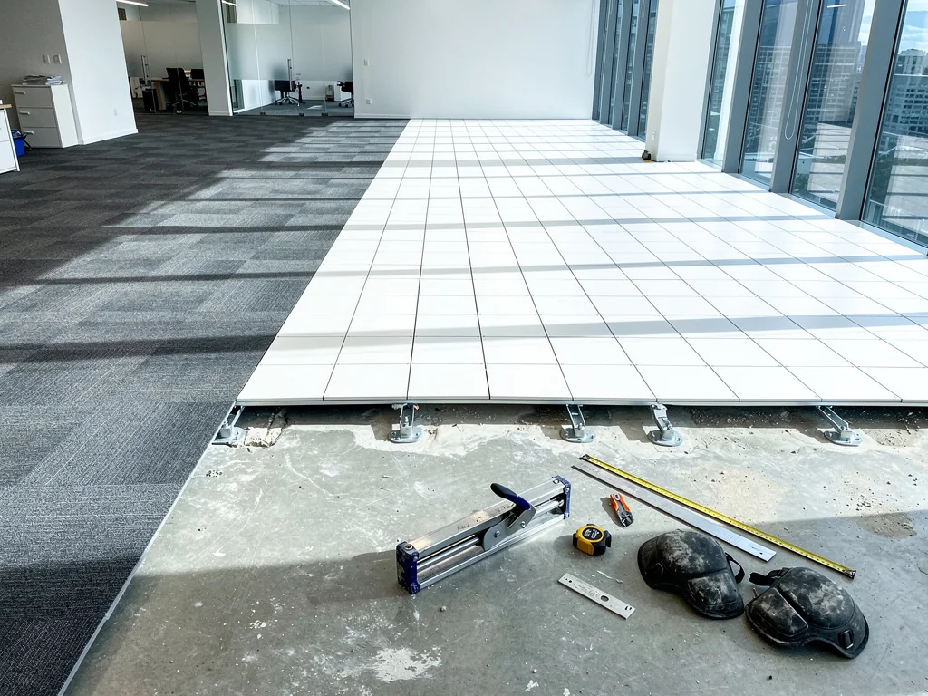 Low profile raised access flooring installation